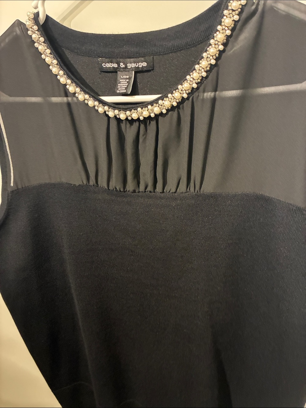 Cable & Gauge Black Sleeveless Top with Beaded Pearl Neckline